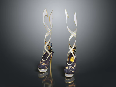 High Heel Shoes Featuring Gold And White Twisted Straps Black Upper Platform Sole Golden Heel 3d model