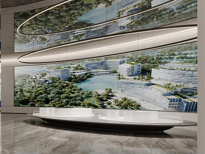 Modern Sales Office Interior With Large Screen Property Model Display And Curved White Reception Desk 3d model