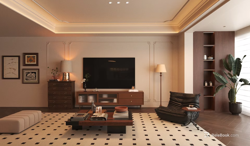 Warm Retro Living Room Interior With Solid Wooden Furniture And Cozy Leisure Seating Design 3d model 