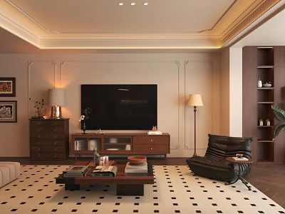 Warm Retro Living Room Interior With Solid Wooden Furniture And Cozy Leisure Seating Design 3d model