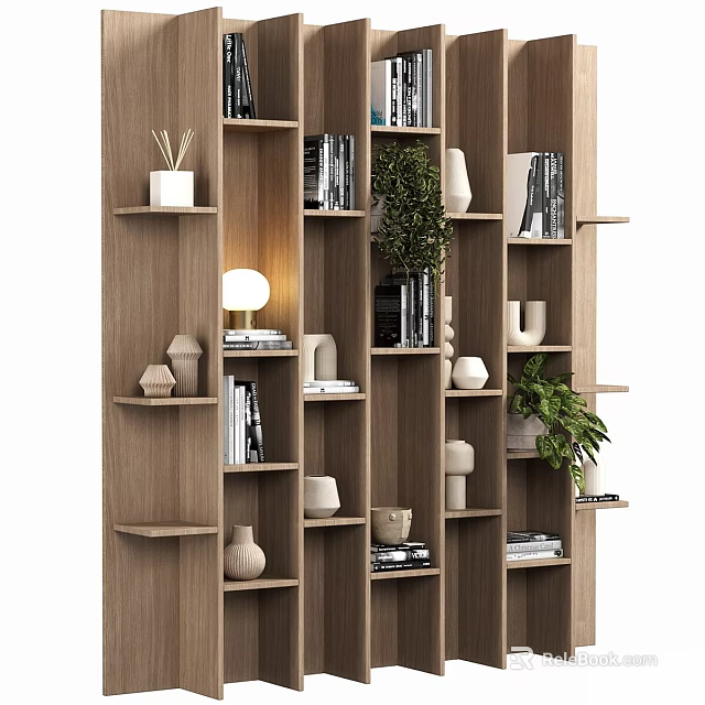 Modern Wooden Decorative Cabinet With Bookshelves Green Plants Vases And Lamp Decorations 3d model 