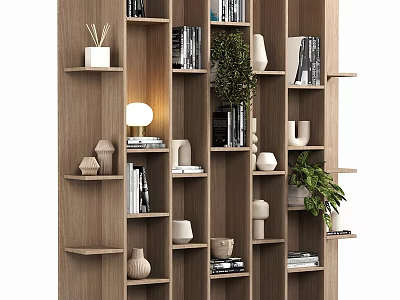 Modern Wooden Decorative Cabinet With Bookshelves Green Plants Vases And Lamp Decorations 3d model