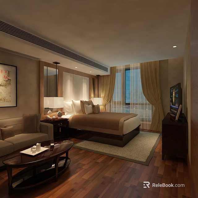 Hotel Room Interior Featuring Large Bed Sofa Coffee Table Curtains Wall Art And TV 3d model 