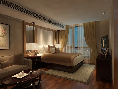 Hotel Room Interior Featuring Large Bed Sofa Coffee Table Curtains Wall Art And TV 3d model