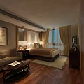 Hotel Room Interior Featuring Large Bed Sofa Coffee Table Curtains Wall Art And TV