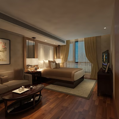 Hotel Room Interior Featuring Large Bed Sofa Coffee Table Curtains Wall Art And TV 3d model