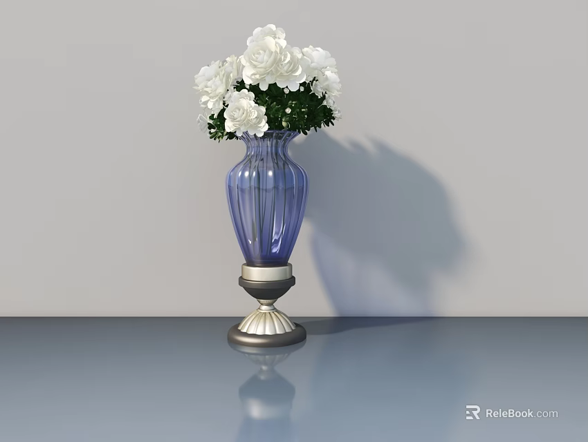 White Flowers in Blue Glass Vase with Silver Base on Smooth Reflective Surface 3d model 