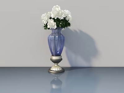 White Flowers in Blue Glass Vase with Silver Base on Smooth Reflective Surface 3d model