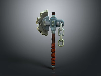 Medieval Axe Hammer Weapon With Serrated Metal Head Chain And Brown Braided Handle 3d model