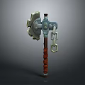 Medieval Axe Hammer Weapon With Serrated Metal Head Chain And Brown Braided Handle