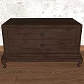 Dark Brown Wooden Nightstand with Two Drawers on Wooden Floor Against White Textured Wall