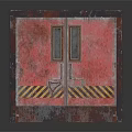 Red Rusty Double Doors With Small Windows And Yellow Black Warning Stripes 3d model