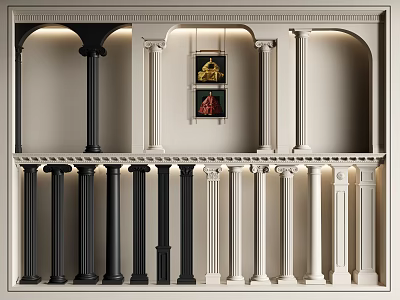 Black and White Classical Columns in Interior Design with Decorative Upper Shelves 3d model