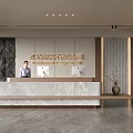 Front Desk Reception For Architectural Design Company With Modern Interior Marble Counter And Decorative Plants