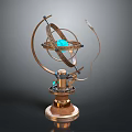 Decorative Brass Armillary Sphere With Intricate Metal Rings And Blue Globe