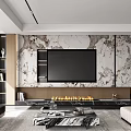 Modern TV Wall Design With Marble Panels Wooden Accents And Fireplace