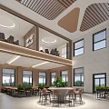Spacious Hotel Lobby Interior With Wooden Slat Ceiling Large Windows And Upper Seating Area 3d model