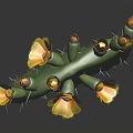 Green Cactus Plant With Thorns And Yellow Flowers On Dark Background
