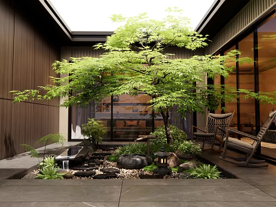 Peaceful Courtyard Garden with Lush Tree Small Water Feature Pebbles Wicker Chairs and Wooden Accents 3d model