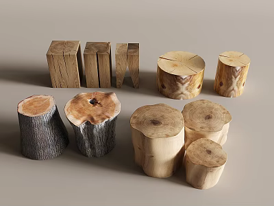 Various Natural Wooden Stools With Stump And Square Shapes For Home Decor 3d model