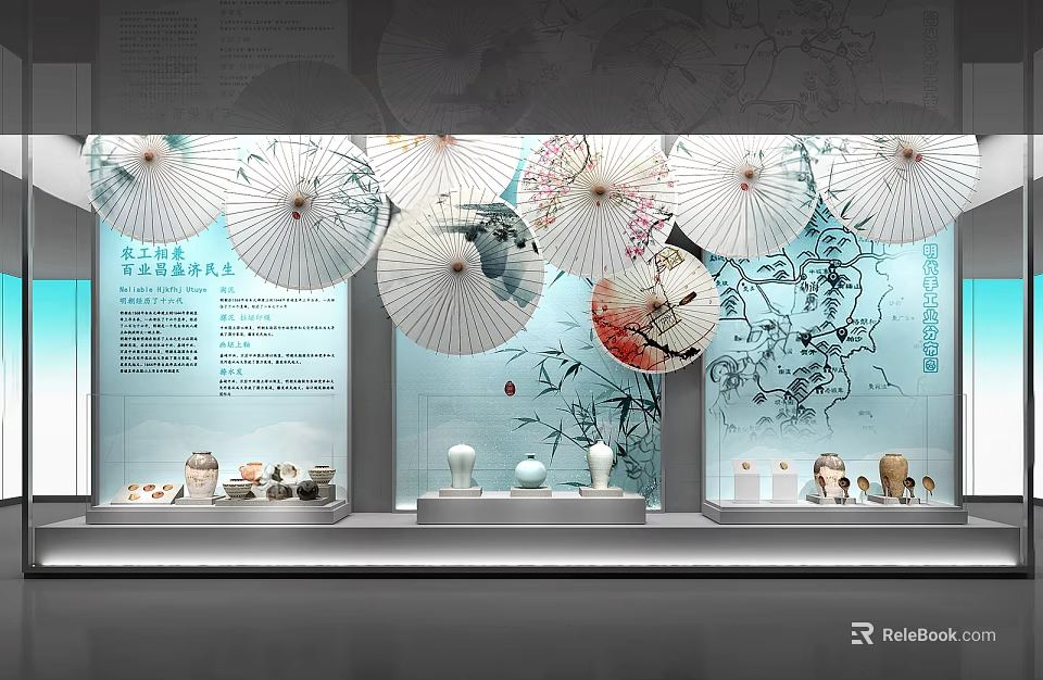 Cultural Center Display With Traditional Oil Paper Umbrellas Blue And White Porcelain And Bamboo Decorations 3d model 