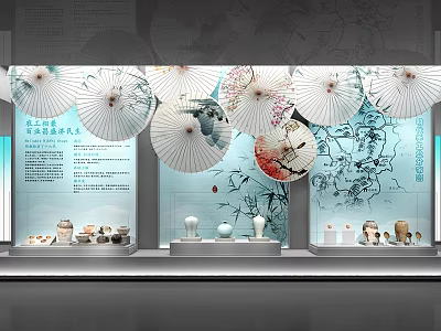 Cultural Center Display With Traditional Oil Paper Umbrellas Blue And White Porcelain And Bamboo Decorations 3d model