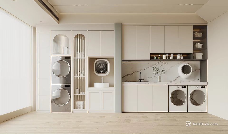 Modern Bathroom Interior With Sink Marble Countertop White Cabinets And Washing Machine 3d model 