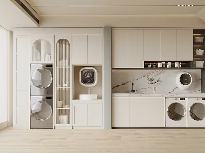 Modern Bathroom Interior With Sink Marble Countertop White Cabinets And Washing Machine 3d model