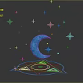 Mystical Blue Glowing Moon with Stars Above Magic Circle Symbol on Dark Background