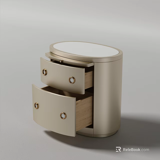 Modern Round Nightstand With Open Drawers Wooden Interior And Metal Knobs 3d model 