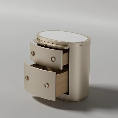 Modern Round Nightstand With Open Drawers Wooden Interior And Metal Knobs 3d model