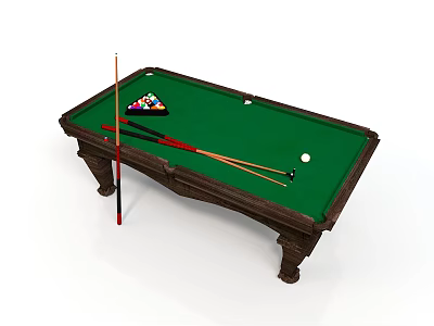 Classic Wooden Billiard Table With Green Cloth Cues And Balls 3d model