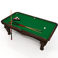 Classic Wooden Billiard Table With Green Cloth Cues And Balls