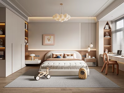 Modern Kids Room Interior Design With Bed Toys Bookshelf Desk Chandelier And Soft Rug 3d model