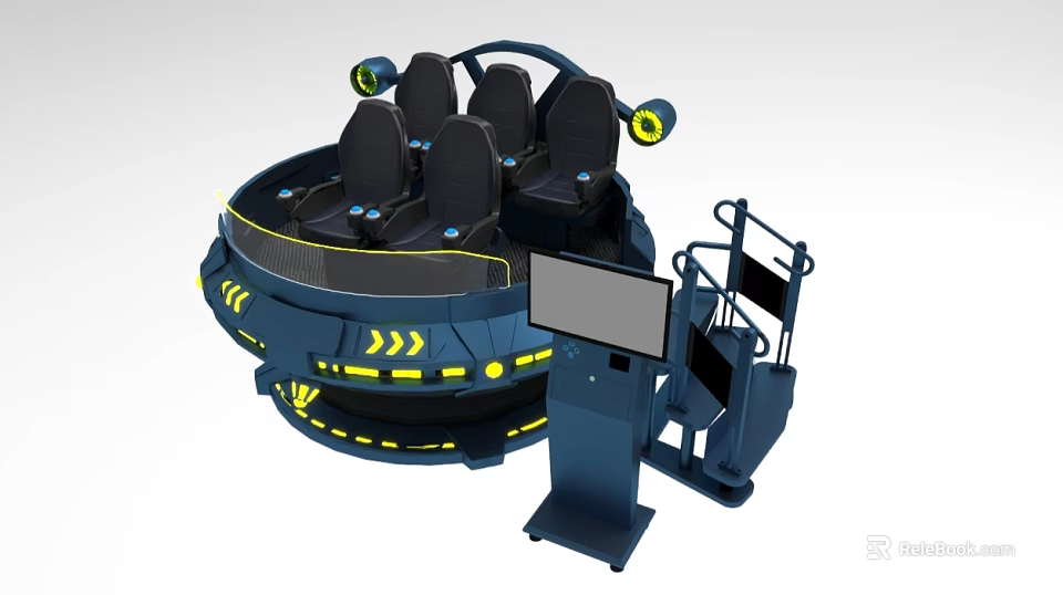 VR Experience Simulator With Circular Seating Yellow Lights Control Console And Screen 3d model