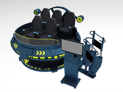 VR Experience Simulator With Circular Seating Yellow Lights Control Console And Screen 3d model