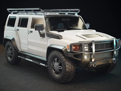 White Off Road SUV With Roof Rack Silver Bumper Side Steps And Large Tires 3d model