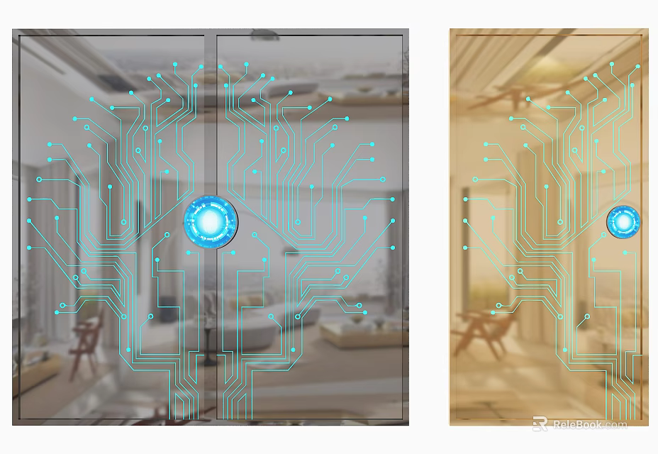 Circuit Board Pattern Glass Partition With Blue Circular Element In Interior Scene 3d model 