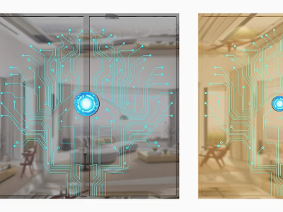Circuit Board Pattern Glass Partition With Blue Circular Element In Interior Scene 3d model