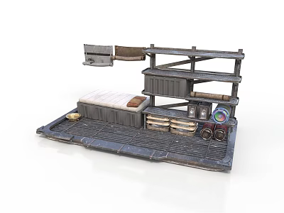 Rustic Industrial Storage Scene Setup With Shelves Drawers Crates Mattress Pallet Base And Cans 3d model