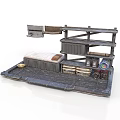 Rustic Industrial Storage Scene Setup With Shelves Drawers Crates Mattress Pallet Base And Cans
