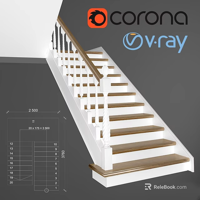3D Rendered Staircase Design With Wooden Steps And White Railings Including Dimensions 3d model 
