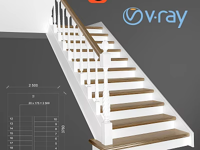 3D Rendered Staircase Design With Wooden Steps And White Railings Including Dimensions 3d model