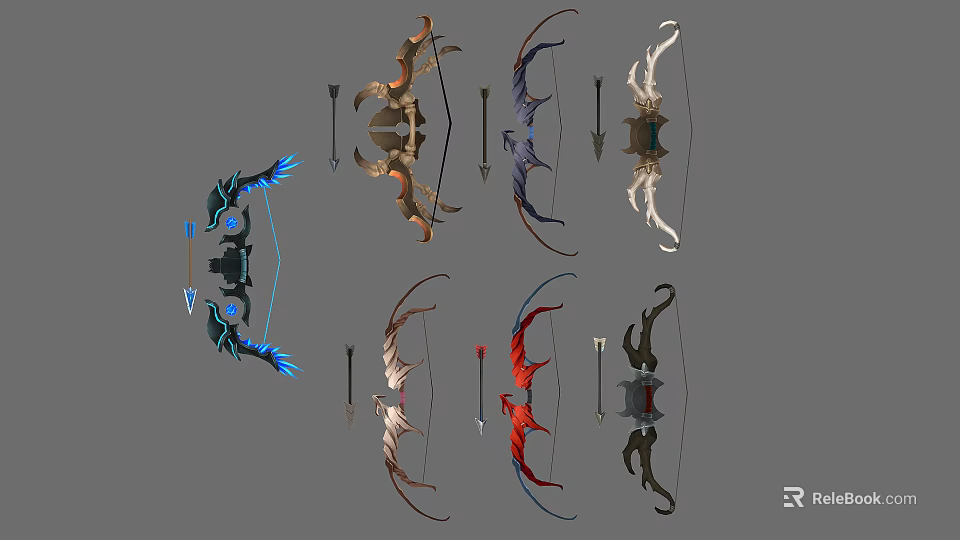 Various Decorative Bow Designs with Different Styles and Colored Arrows for Weapon Collection 3d model 