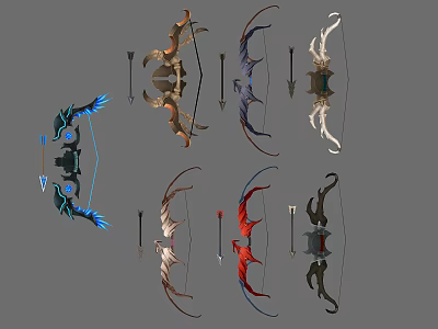 Various Decorative Bow Designs with Different Styles and Colored Arrows for Weapon Collection 3d model