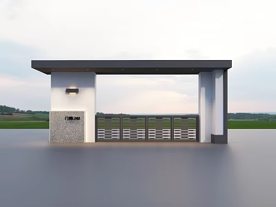 Modern Entrance Gate With Canopy Gray Pillars Stone Wall Decoration And Lawn Background 3d model