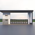 Modern Entrance Gate With Canopy Gray Pillars Stone Wall Decoration And Lawn Background