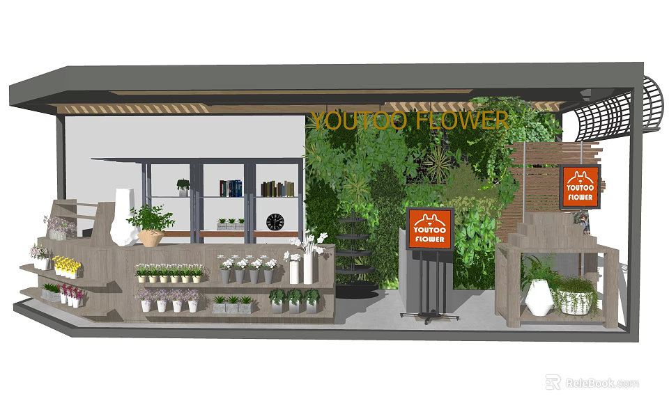 Youtoo Flower Shop Interior With Green Plant Wall And Flower Displays On Shelves 3d model 