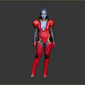 Blue Skinned Humanoid Character In Red Futuristic Armor With Blue Details