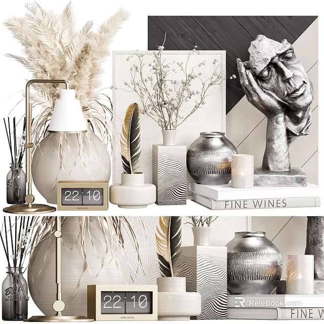 Modern Home Decor Ornament Set With Ceramic Vases Sculpture Clock And Dried Flowers 3d model 